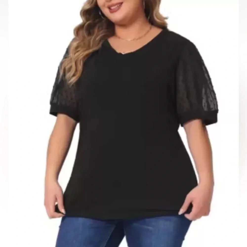 Target Agnes‎ Orinda Black Swiss Dot Sheer Sleeve Top Women’s 1X (791)